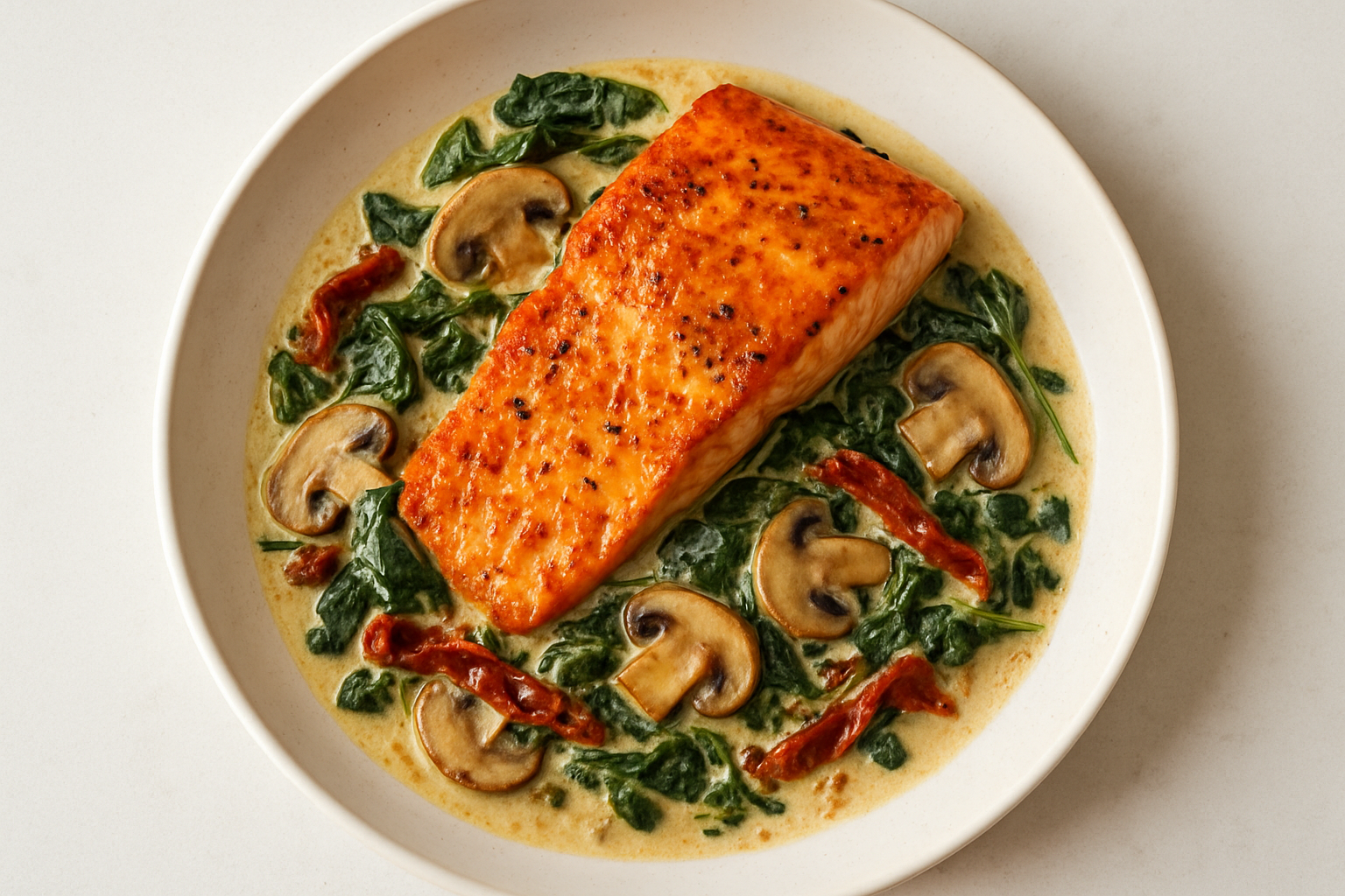 Salmon with Creamy Spinach & Sun-Dried Tomato Sauce