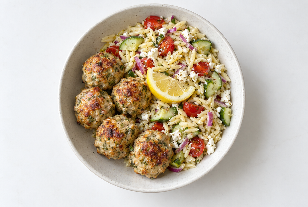 Greek Turkey Meatballs with Orzo Salad